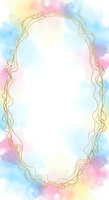 Oval gold wavy frame on soft pastel watercolor background in blue, pink and yellow tones, with white copy space inside for text or design.