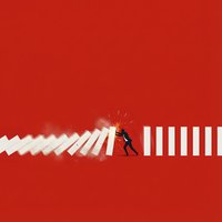 Businessman stopping domino effect chain reaction on red background representing crisis management and problem solving in business leadership.