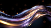 Glowing golden and purple waves with sparkles flow against dark background creating magical light effect with bokeh particles and shimmering streaks.