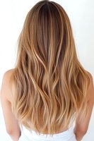 Back view of long wavy blonde balayage hair showing natural gradient color transition from dark roots to light ends, styled with soft waves for modern haircare.