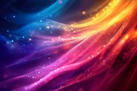 Abstract cosmic background with flowing light waves in vibrant purple, orange and blue colors, glowing particles and dynamic energy streams creating magical atmosphere.
