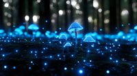 Glowing blue mushrooms in dark forest with magical bokeh lights and luminescent particles creating ethereal nighttime nature scene. Great for fantasy designs.