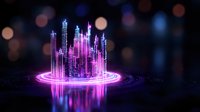 Futuristic glowing cityscape with neon purple and blue skyscrapers rising from circular light base, reflecting on dark surface against blurred bokeh background.