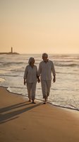 Senior couple walking hand in hand on beach at sunset with lighthouse in background, romantic golden hour moment for retirement lifestyle content.