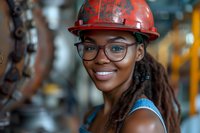 Confident young African American female engineer wearing red safety helmet and glasses in industrial setting, perfect for diversity and inclusion workplace campaigns.