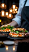 Gourmet burger with fresh arugula and melted cheese served on black plate against warm bokeh lights background. Server in dark uniform presenting delicious meal.