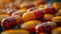 Colorful kidney beans with water drops in macro photography, showing vibrant red and yellow legumes with bokeh effect and dramatic lighting for food concept.