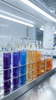 Test tubes with colorful chemical solutions in laboratory rack for scientific research and analysis experiments in modern sterile facility.