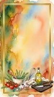 Watercolor cooking background with fresh ingredients, mortar and pestle, olive oil bottle, whisk, tomatoes, garlic, herbs and cutting board in gold frame border. Ideal for recipe cards, cookbooks, culinary blogs and kitchen design projects.