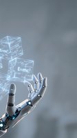 Robotic hand manipulating holographic physics formula cubes with Einstein equation, artificial intelligence learning science concepts for education technology.