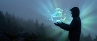 Hooded figure holding a glowing energy orb in misty forest, with rays of blue light illuminating the foggy night scene.