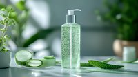 Clear bottle with green aloe gel and fresh cucumber slices on light background, natural skincare concept for cosmetic product photography and wellness spa.