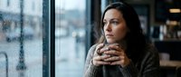 Thoughtful woman with dark hair holding warm drink by rainy window in cozy cafe, contemplating while enjoying peaceful moment indoors on gloomy weather day.