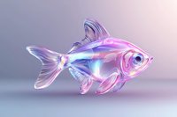 Luminescent glass fish with iridescent pink and blue hues floating on gradient background, showcasing translucent fins and ethereal glow effect.