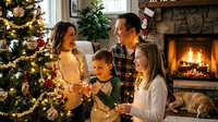 Family opening gifts by fireplace on Christmas morning, celebrating holidays together at home with decorated tree and warm fire ambiance.