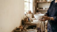 Middle-aged man with light skin tone wearing dark apron holding ceramic bowls in pottery studio workshop with shelves of clay vessels and natural window light.