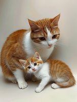 Orange tabby mother cat with adorable ginger kitten on neutral background. Domestic feline family portrait showing maternal bond and pet care concepts.