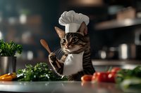Funny tabby cat in chef uniform holding wooden spoon in kitchen with fresh vegetables and herbs, creative pet photography for cooking and food blogs.