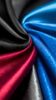 Luxurious silk fabric swirls in black, red, blue and silver colors creating elegant waves and folds with soft shimmering texture and dramatic lighting effects.