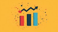 Growing bar chart with upward arrow trend on yellow background with scattered paint splatter effect shows business growth and success statistics.