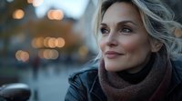 Smiling blonde woman in leather jacket and knit scarf gazing thoughtfully into distance against blurred city bokeh lights during evening golden hour.