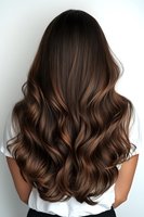 Back view of long wavy brunette hair with subtle caramel balayage highlights styled in loose curls showing professional salon result against white background.