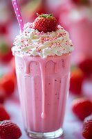 Pink strawberry milkshake topped with whipped cream, sprinkles and fresh berry. Creamy dessert drink with dripping sauce and striped straw on blurred background.