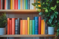 Colorful hardcover books arranged on wooden bookshelf with potted plants creating cozy home library atmosphere.