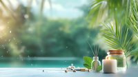 Tranquil spa composition with aromatic diffuser, glowing candle and glass jars against blurred tropical pool background with palm leaves and sunlight.