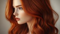 Young woman with flowing copper red wavy hair and natural makeup in profile view against neutral background, showcasing professional hair styling and beauty trends.