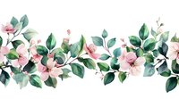 Seamless floral border with delicate pink blossoms and eucalyptus green leaves on white background, watercolor style botanical pattern for wedding design.
