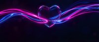 Glowing neon heart with flowing light trails in purple and blue colors on dark background for romantic designs and Valentine's Day concepts.