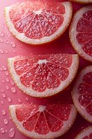 Fresh grapefruit slices with water drops on pink background, macro shot showing juicy pulp texture and citrus segments in vibrant detail.