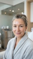 Mature Caucasian woman in gray bathrobe smiling at camera in modern spa bathroom interior with soft lighting for wellness and self-care lifestyle concepts.