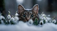 Tabby cat peeking through snow with snowdrop flowers in winter garden, seasonal wildlife and nature scene for holiday and seasonal design projects.