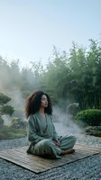 Young African American woman meditating in peaceful zen garden with steam rising from hot springs, wearing green robe on bamboo mat for wellness content.
