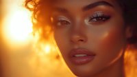 Young African American woman with natural curly hair in warm golden sunset lighting, glowing skin and professional makeup, looking confidently at camera.