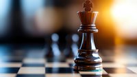 Dark wooden king chess piece on checkered board with dramatic lighting and shallow depth of field, symbolizing leadership and strategic thinking in business.