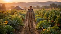 Middle-aged male farmer in work clothes walking through sunflower and vegetable garden at golden hour sunrise, rural agricultural landscape with farm buildings and mountains in background.