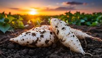 Fresh white radishes with soil residue lying on dark earth in agricultural field during golden sunset with green leafy crops in background.