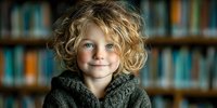 Smiling child with curly blonde hair and blue eyes wearing gray knit sweater against blurred bookshelf background in library setting.