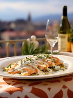 Grilled salmon fillets with creamy sauce and herbs served on terrace with wine glass and cityscape view, elegant restaurant dining atmosphere.