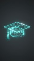 Neon glowing graduation cap with tassel on dark background. Digital education concept for academic achievement and university diploma ceremonies.