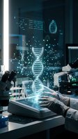 Scientist hands working with holographic DNA double helix projection in modern laboratory for genetic research and biotechnology innovation.