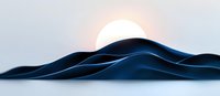 Minimalist mountain landscape at sunrise with smooth blue rolling hills silhouetted against glowing orange sun in misty morning atmosphere.