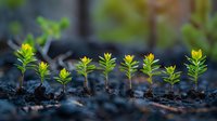 Young green seedlings growing in row from fertile soil against dark background, spring gardening and new life concept. Natural light macro photography.