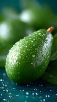 Fresh green avocado covered in water droplets on dark background with selective focus. Macro shot showing detailed texture of wet fruit skin.