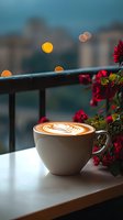 Cappuccino with latte art heart design on balcony table with red flowers and bokeh city lights in background, creating romantic morning atmosphere.