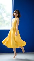 Happy young Asian woman dancing in bright yellow summer dress and sunglasses against vibrant blue wall near window with natural light streaming in.