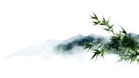 Minimalist Asian landscape with misty mountains and delicate bamboo leaves in watercolor style, expressing zen tranquility and oriental aesthetics.